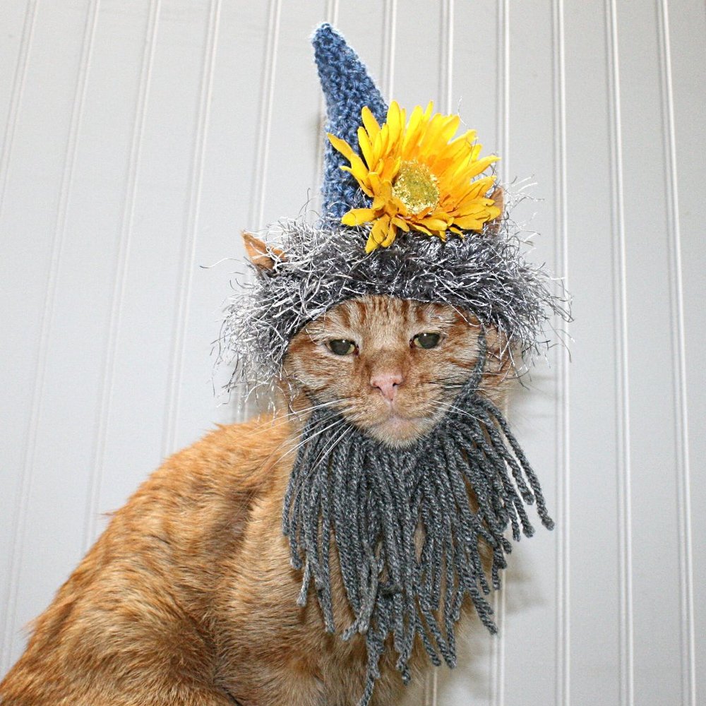 HAND CRAFTED Cat Hat Crochet Garden Gnome Wig Beard Costume Photo Prop